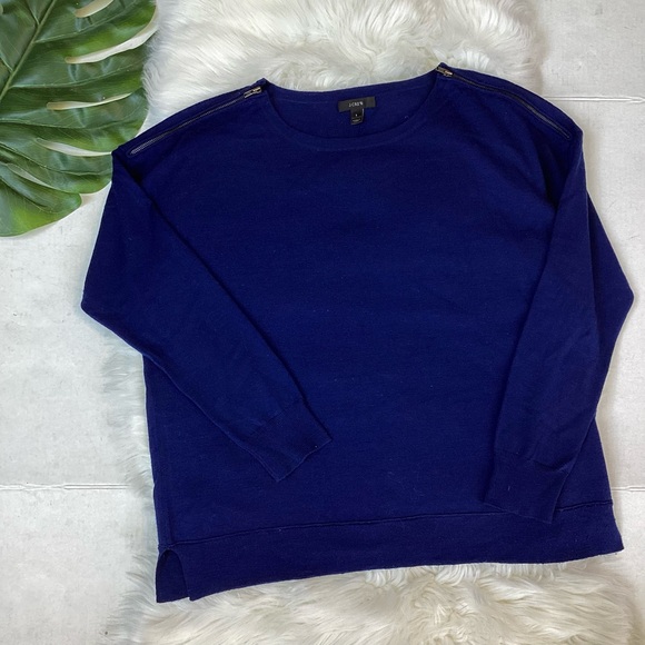 J. Crew Merino Wool Zip-Shoulder Sweater Navy BLUE L - Picture 3 of 9